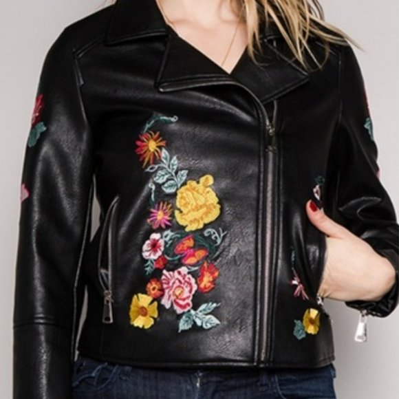 BLACK LEATHER JACKET EMBROIDERED JACKET VEGAN - Picture 2 of 4